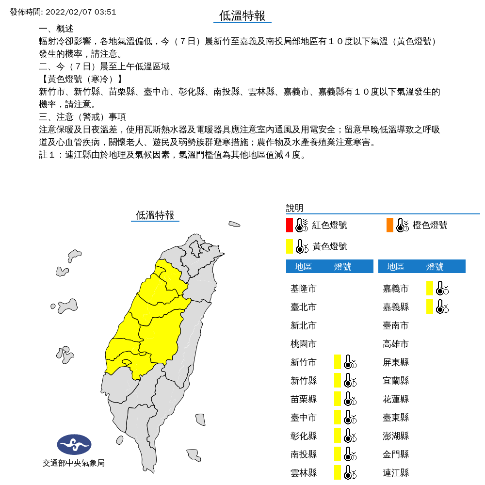 受到輻射冷卻影響，今天各地清晨氣溫偏低，從新竹縣市到嘉義縣市，都有攝氏10度以下氣溫發生機率。 圖：中央氣象局/提供