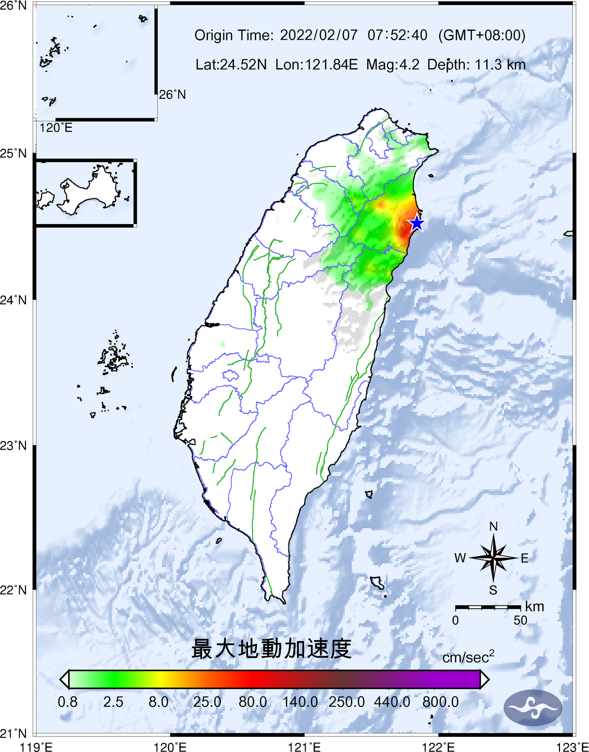 宜蘭近海今日上午發生規模4.2地震（圖為最大地動加速度圖）。 圖：中央氣象局／提供
