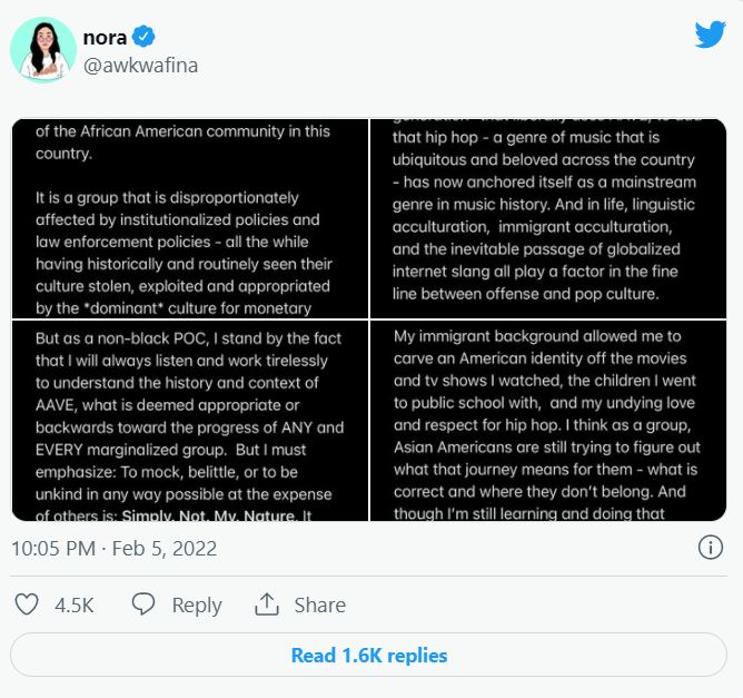 奧卡菲娜發文澄清口音爭議。 圖：翻攝自 Awkwafina 推特