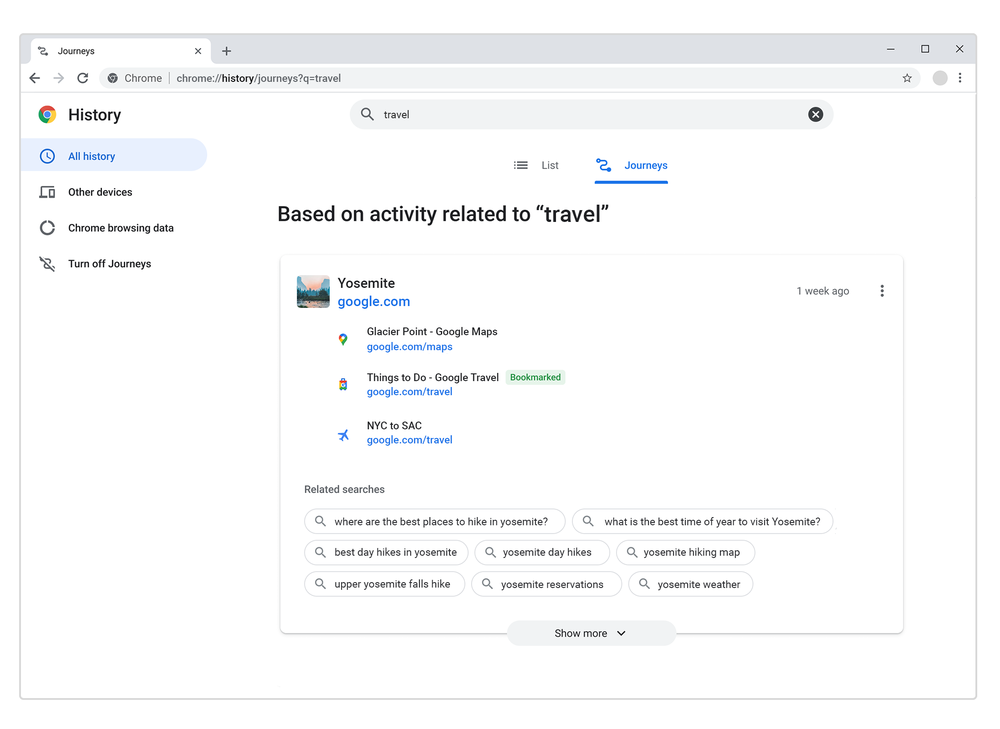 Chrome新增Journeys頁面，輸關鍵字就可以找到瀏覽紀錄。 圖：取自Google官網