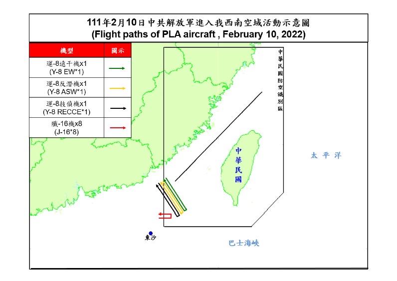 中國解放軍10日共派11架次共機擾台。 圖：國防部提供