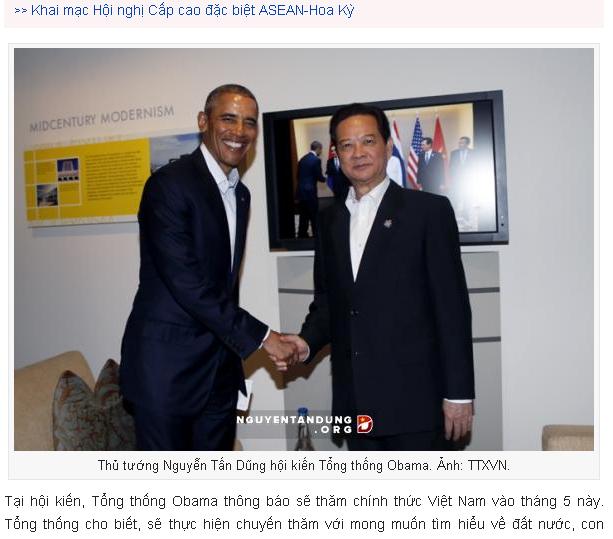 美國總統歐巴馬（左）接受越南總理阮晉勇邀請，將於5月造訪越南。 圖：翻攝阮晉勇臉書/nguyentandung.org