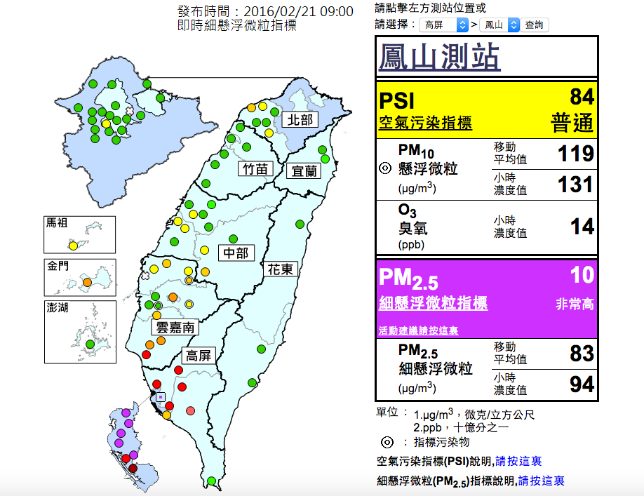 據環保署空氣品質監測網顯示，PM2.5細懸浮微粒濃度部分，從雲林開始往南指數一路飆高，高雄鳳山、楠梓等測站都是高達10的紫爆等級。 圖：翻攝自環保署空氣品質監測網