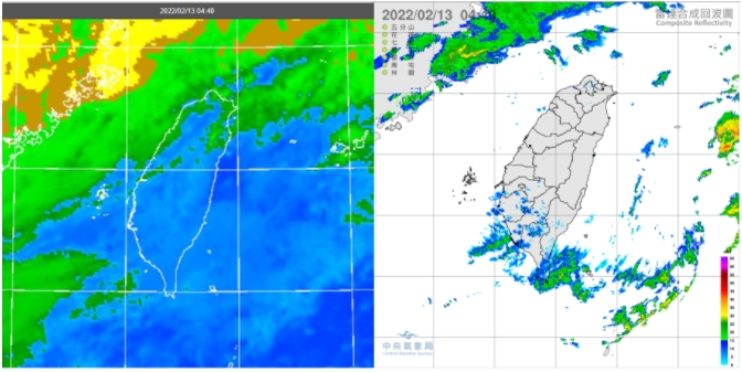 今晨台灣附近稀疏的中層雲逐漸增多(左圖)；南部有微弱而零星的降水回波(右圖)、無降雨。 來源：「三立準氣象· 老大洩天機」專欄