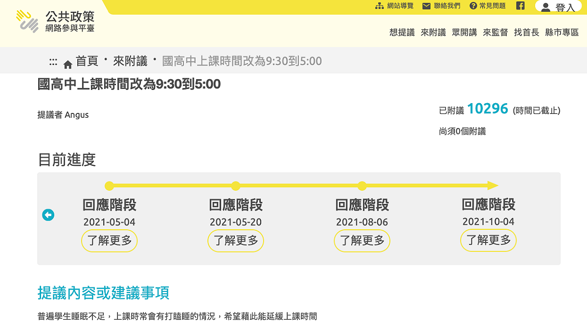 民眾在公共政策網路參與平台發起國高中延後上課時間提案，逾萬人連署。 圖：翻攝自公共政策網路參與平台網頁