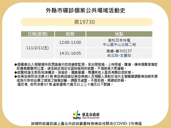 台北市公布外縣市確診足跡。 圖：台北市政府 / 提供