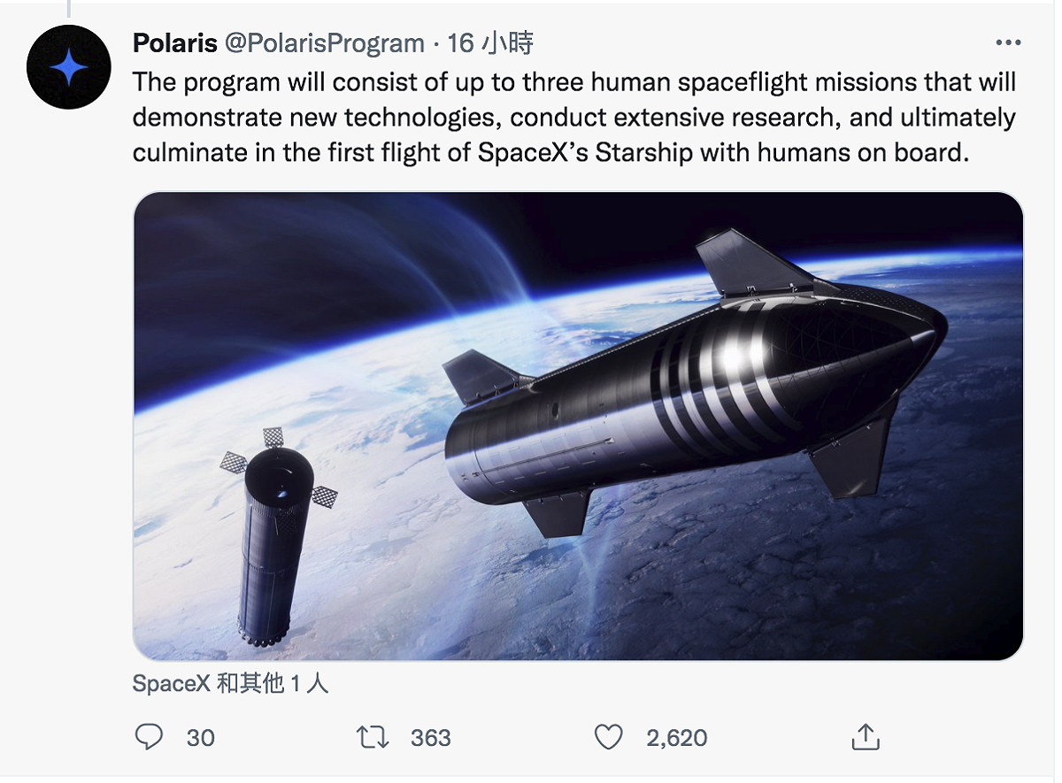 「北極星」計畫與SpaceX合作，送平民上太空旅遊。 圖：截自Polaris Program推特