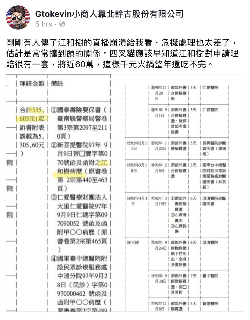 小商人今（17）日於臉書粉專發文，貼出江和樹的保險理賠紀錄，表示江和樹「對申請理賠很有一套」。 圖：擷取自小商人臉書粉專