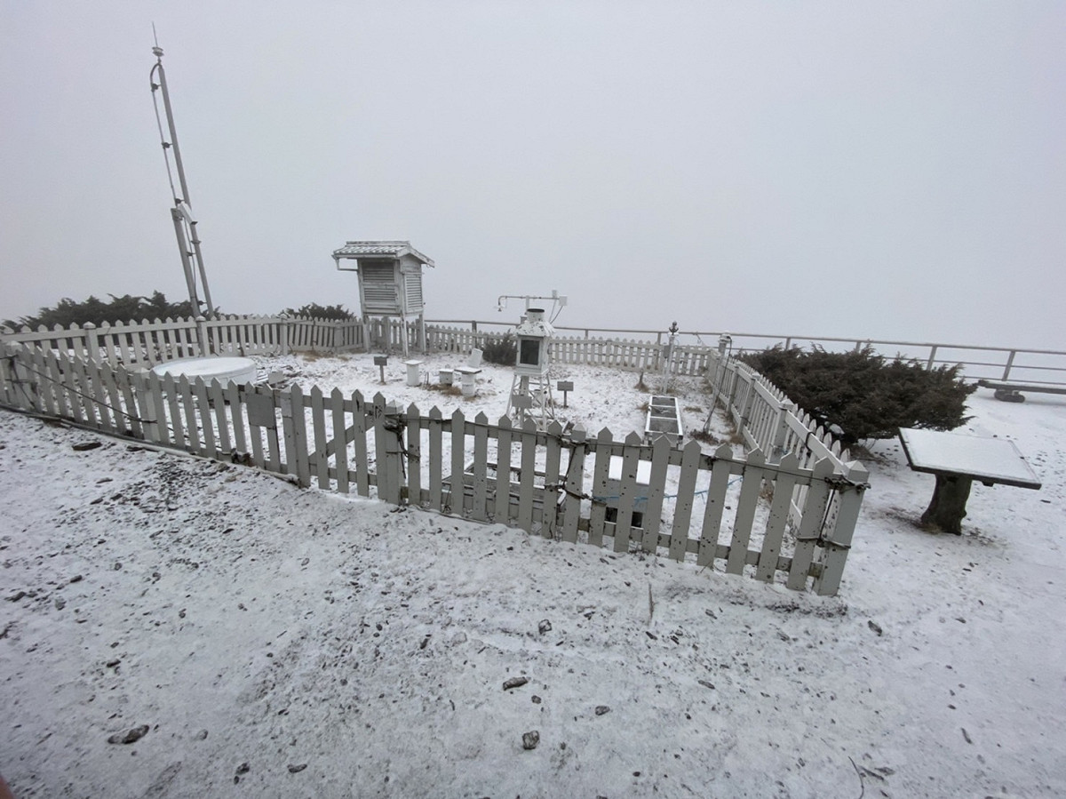 玉山今（17）日下午1時50分開始下雪。 圖：氣象局提供