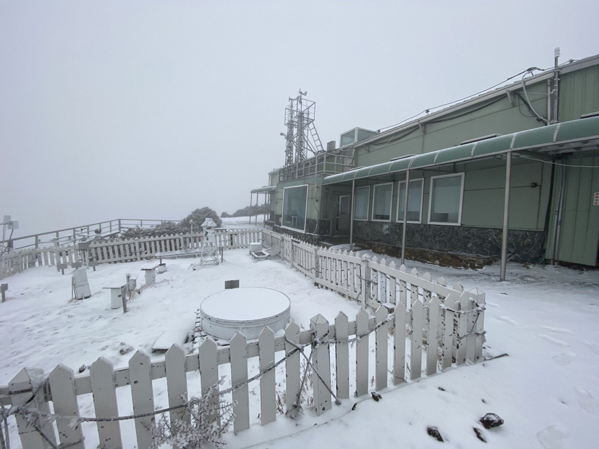 玉山目前積雪1.5公分。 圖：中央氣象局／提供