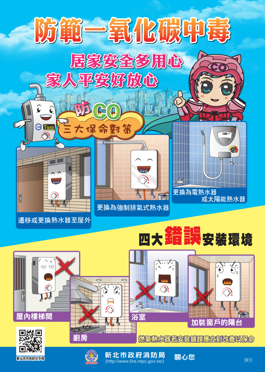 防範一氧化碳中毒保命對策與熱水器安全須知。 圖：新北市消防局提供