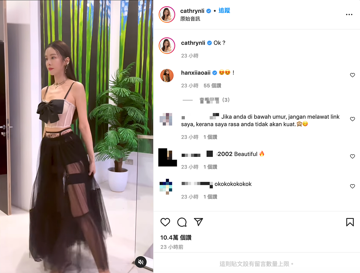 李元玲身穿蕾絲吊帶襪甜問「ok？」 圖：翻攝自李元玲IG(@cathrynli)