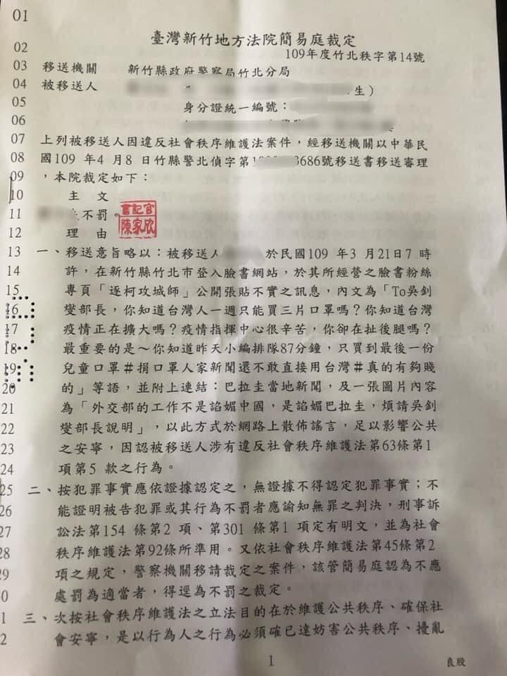 新竹地方法院判決書 圖：擷取自民眾黨新竹市黨部臉書