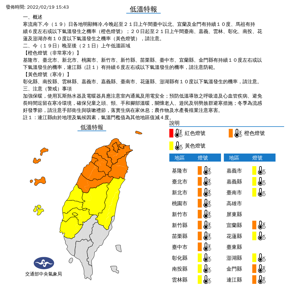 中央氣象局發布低溫特報，全台19縣市需留意10度以下低溫。 圖：中央氣象局／提供