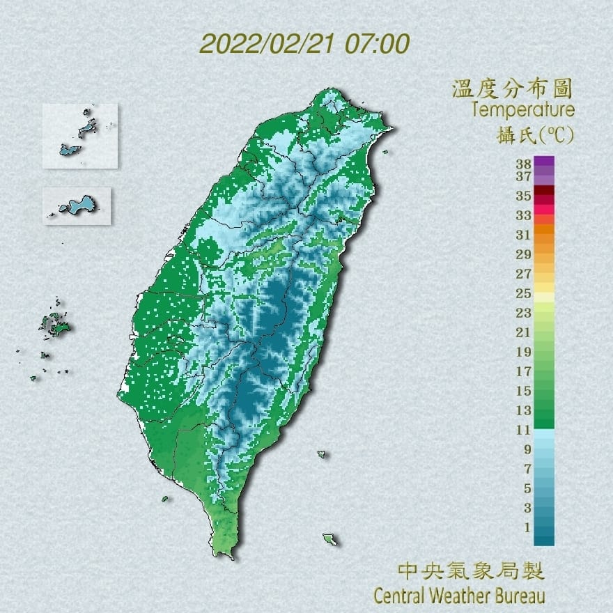 寒流發威，從最北的馬祖、金門，一直到台南市，今天全台18縣市都有持續攝氏10度、馬祖有持續6度左右或以下氣溫發生機率。 圖：中央氣象局/提供