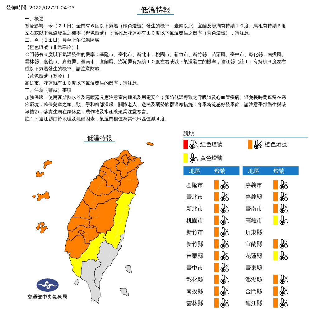 中央氣象局持續發布低溫特報。 圖：中央氣象局／提供