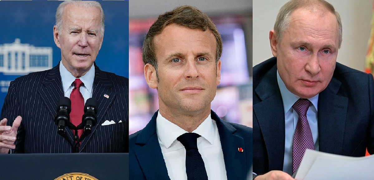 美國總統拜登(左)、法國總統馬克宏(中)、俄羅斯總統普丁(右)。 圖:新頭殼合成
