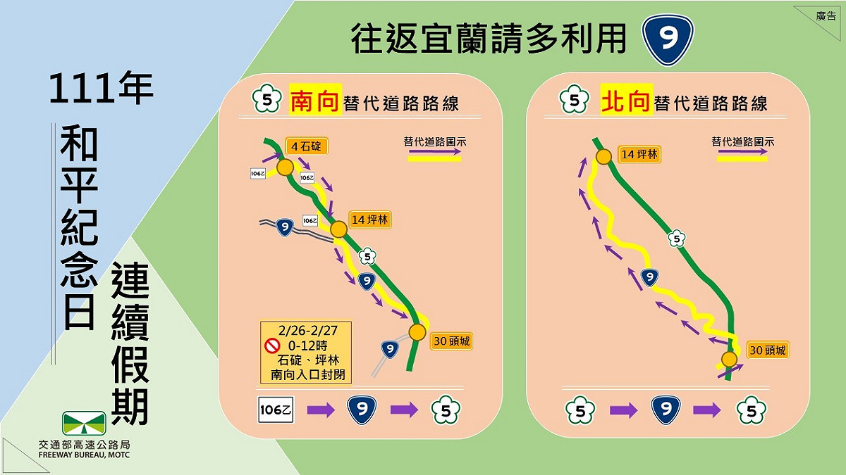 往返宜蘭替代道路改道路線。 圖：交通部高速公路局／提供