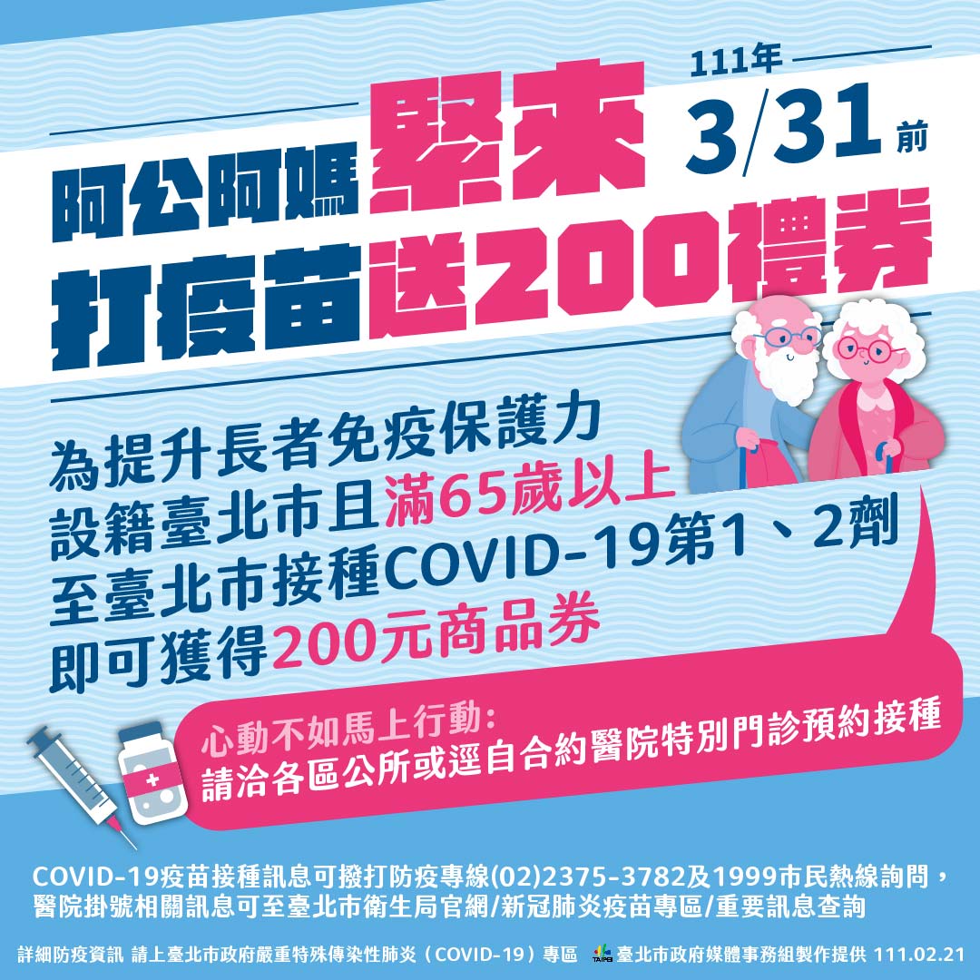 台北市鼓勵65歲以上長者接種疫苗，推出贈送200元禮券。 圖：台北市政府 / 提供