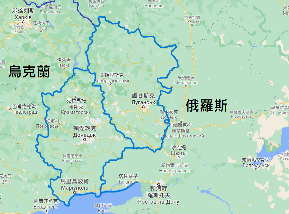俄羅斯承認烏克蘭東部頓巴斯地區的頓內次克人民共和國( DNR )、盧干斯克人民共和國( LNR )。烏國情報官員透露，普丁有意將烏東地區從烏克蘭分割出來，並建立親俄的傀儡政權。 圖：google map/新頭殼合成