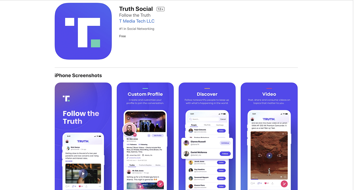 Truth Social上線後成為App Store下載量第一的App。多數人下載後無法註冊帳號，進入等候名單。 圖：截自App Store