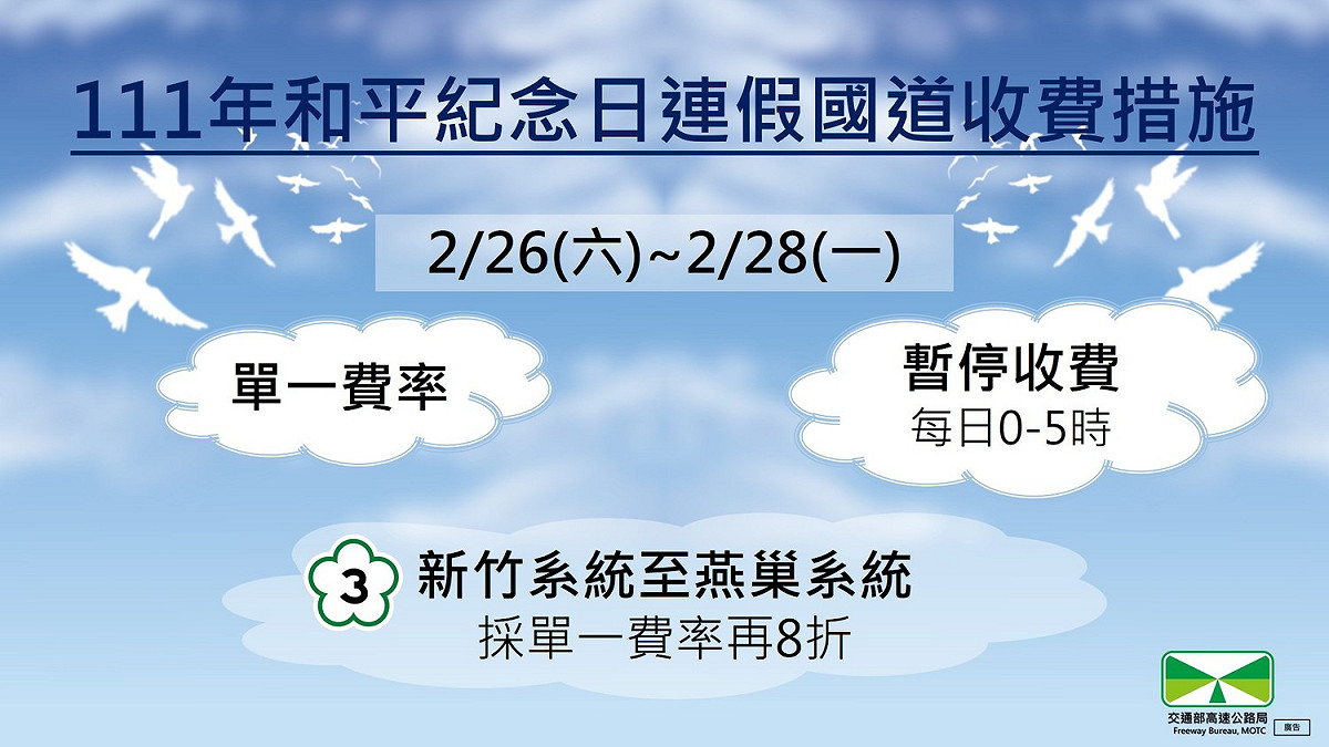 228連假國道收費措施。 圖：交通部高速公路局／提供