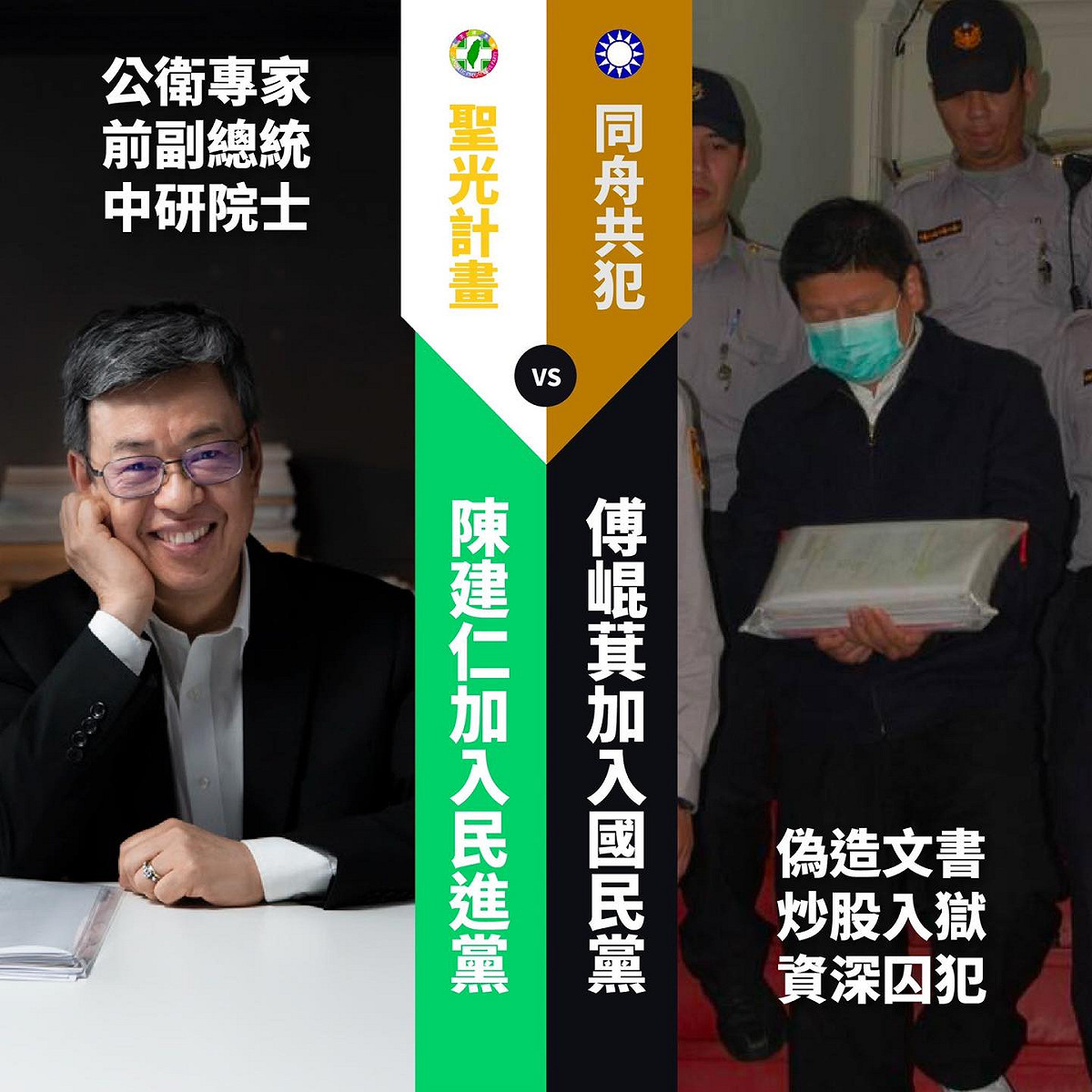 前總統陳建仁（左圖）申請加入民進黨，與花蓮前縣長傅崐萁加入國民黨（右圖），公布時機相近，網友拿來比較。 圖：翻攝自只是堵藍臉書
