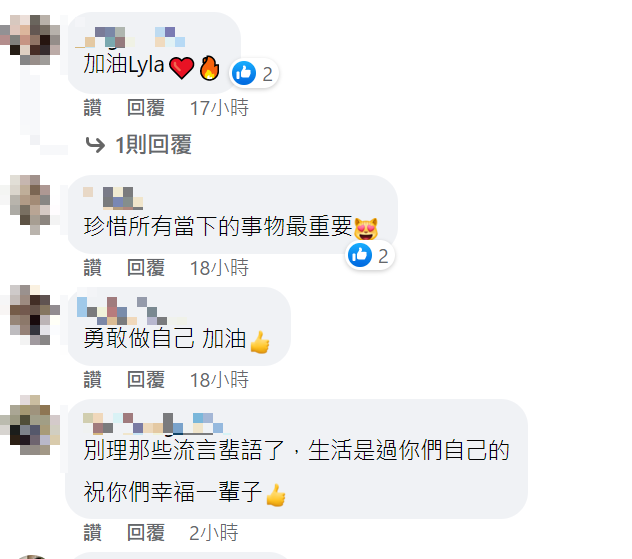 很多網友在貼文底下替蕾菈加油打氣。 圖：翻攝自蕾菈臉書
