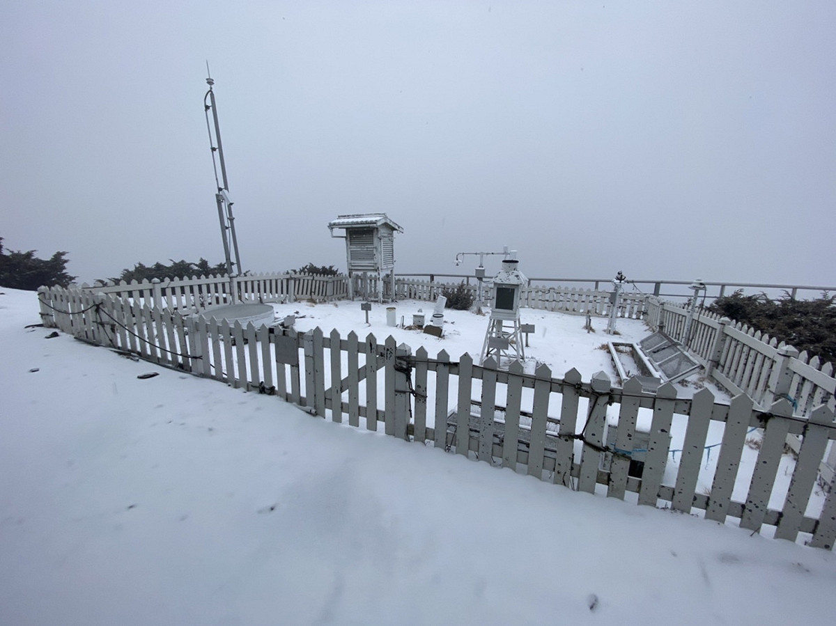 玉山於今日下午開始降雪。 圖：中央氣象局／提供