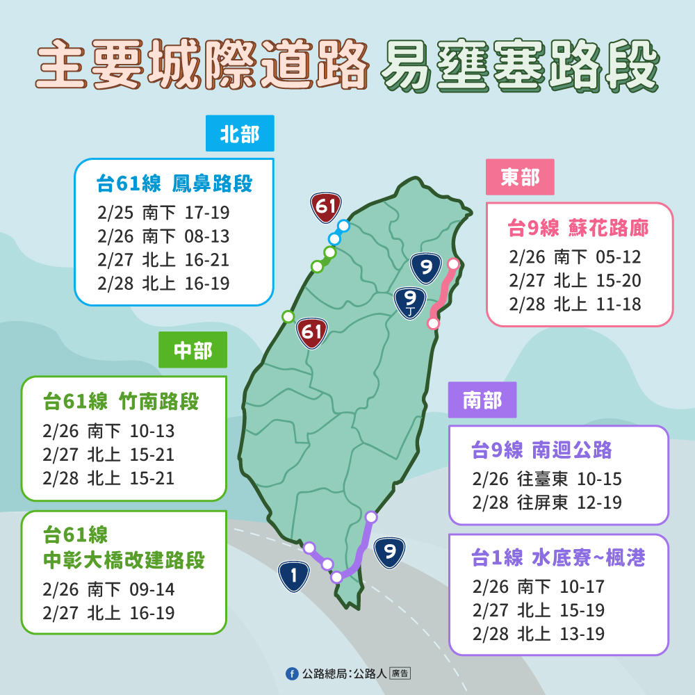228連假省道「主要城際道路」易塞路段、時段。 圖：交通部公路總局／提供