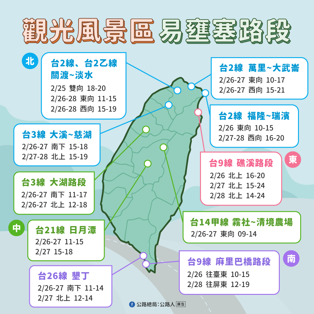228連假「觀光風景區」易塞路段、時段。 圖：交通部公路總局／提供