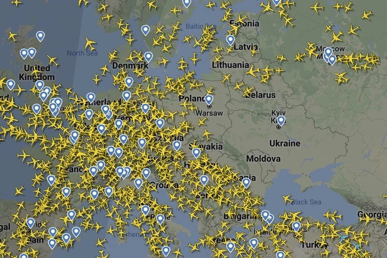 烏克蘭領空民航全數清空。 圖:擷取自Flightradar 24