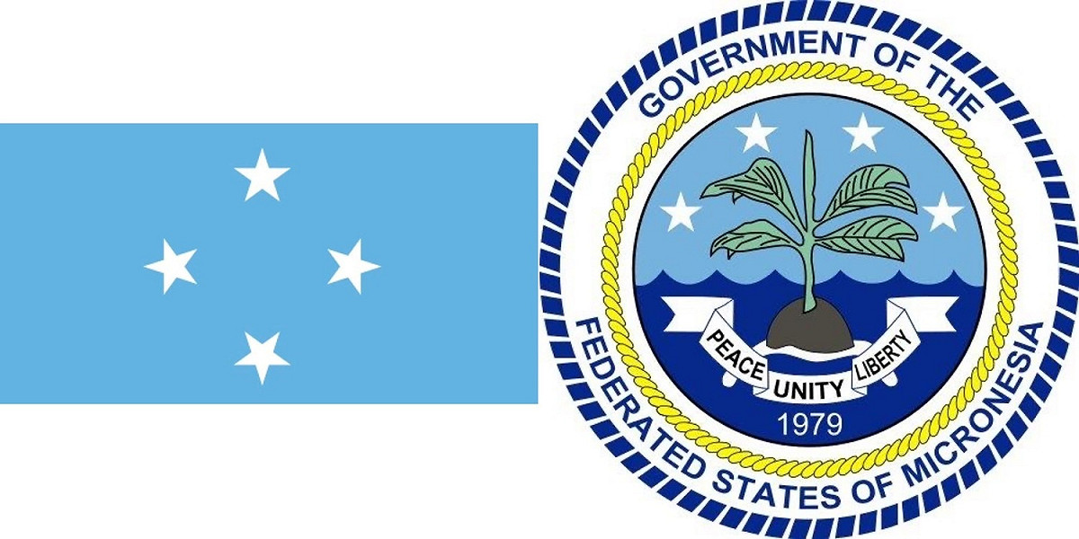 西太平洋島國密克羅尼西亞聯邦（Micronesia）國旗（左）及國徽（右）。（資料照） 圖：擷取自Office of the President, Federated States of Micronesiaxu臉書（新頭殼合成）