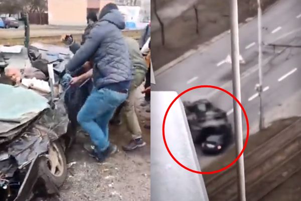 一輛疑似俄軍的裝甲車刻意轉向，朝烏克蘭民眾駕駛的轎車輾去，路人紛紛衝上前救援。 圖：翻攝推特