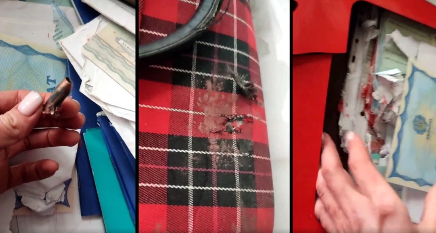 卡洛琳娜聲稱遭到俄軍開槍射擊，手提包與裡面的物品被子彈打穿。 圖：翻攝Karolina IG