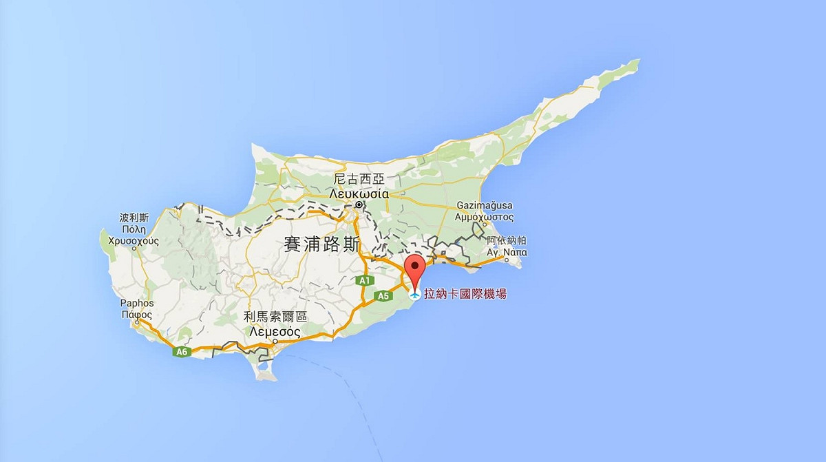 埃及航空MS181遭劫，目前迫降賽普勒斯拉納卡國際機場。 圖：取自Google地圖網頁www.google.com.tw/maps