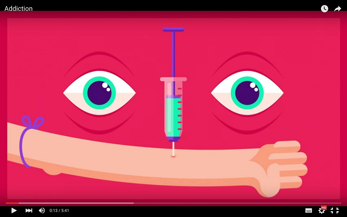 「Kurzgesagt – In a Nutshell」團隊製作的動畫「Addiction(成癮)」，從科學角度說明，成癮不只是個人選擇問題，更與吸毒者所處社會環境息息相關。 圖：翻攝自影片