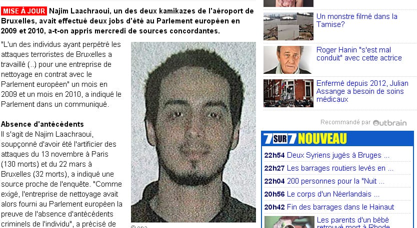 歐洲議會證實涉及比利時恐怖攻擊案的嫌犯曾在議會打工，歐洲媒體的報導指向在機場引爆炸彈的自殺炸彈客拉克哈維。 圖：翻攝7SUR7