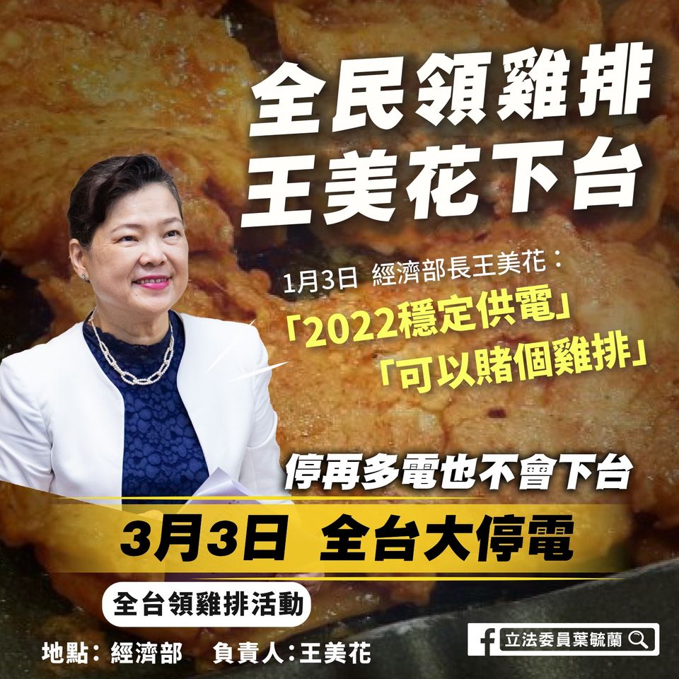 葉毓蘭喊話「全民領雞排王美花下台」。 圖：翻攝自葉毓蘭臉書