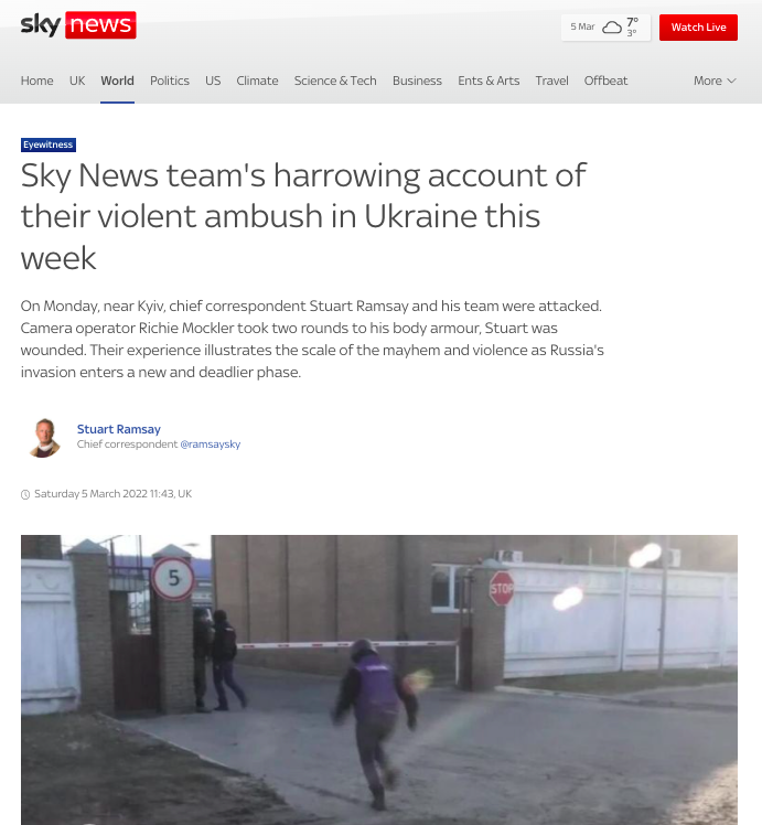英國天空新聞網（Sky News）5人團隊前往烏克蘭戰地採訪，在基輔附近遭遇疑似俄軍的士兵射擊，五人奇蹟式死裡逃生。 圖：翻攝自Sky News網站