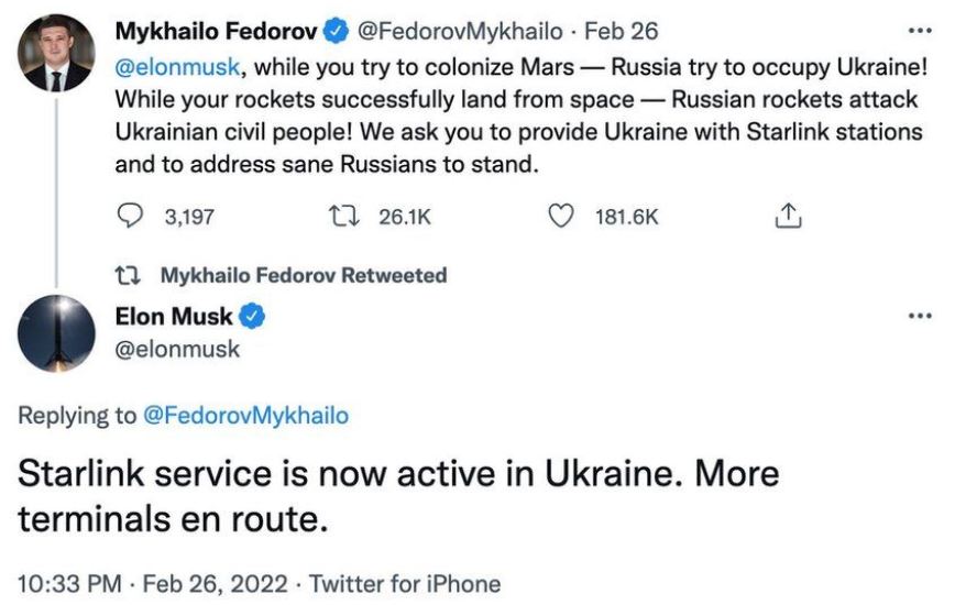 烏克蘭副總理Mykhailo Fedorov說服特斯拉執行長馬斯克（Elon Musk ) 移動衛星。 圖：翻攝自mykhailo fedorov推特