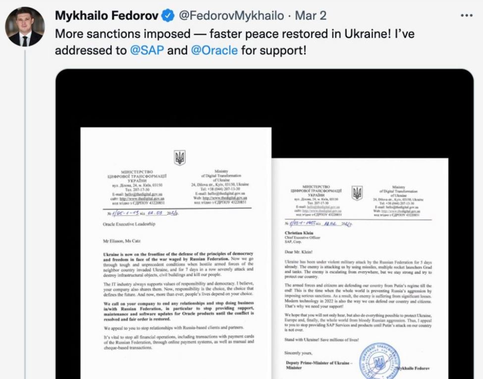 烏克蘭副總理上傳信件，讓國際間能對企業施壓 圖：翻攝自mykhailo fedorov推特