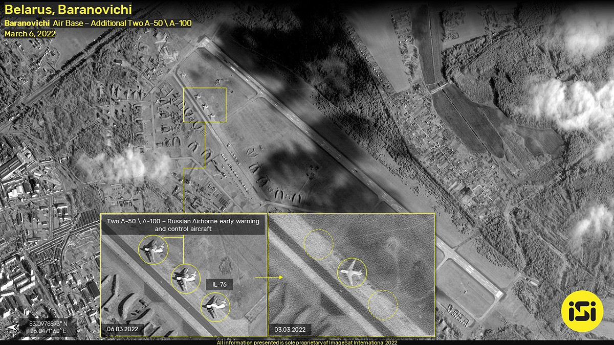 衛星空照圖曝光白俄羅斯西部巴拉諾維奇空軍基地(Baranovichi Air Base)，3月6日停機坪上停放至少2架A-50「熊蜂」或A-100「Premier」空中預警機，以及1架伊留申-76(IL-76)大型運輸機。 圖：翻攝ImageSat Intl.推特