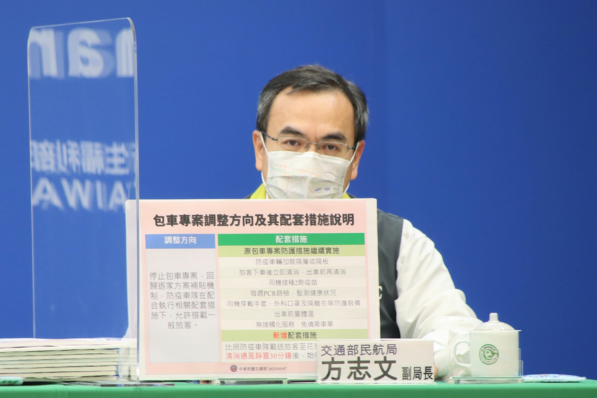 交通部民航局副局長方志文說明包車專案調整方向。 圖：中央流行疫情指揮中心／提供
