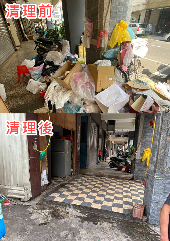 興中街住宅大樓一樓長期堆放雜物，台中市環保局多次前往強制清除。 台中市環保局/提供