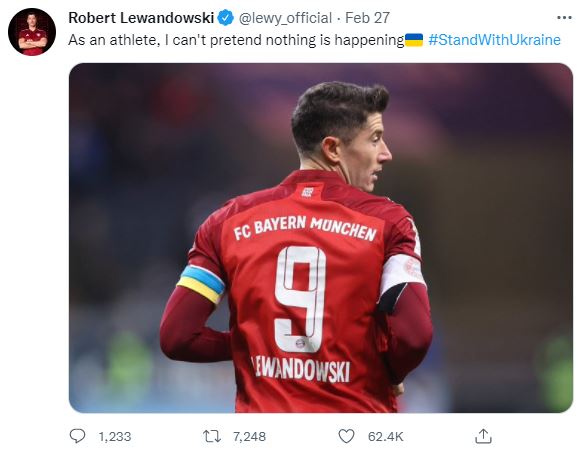 波蘭職業足球員Robert Lewandowski公開力挺烏克蘭。 圖：翻攝自Robert Lewandowski推特
