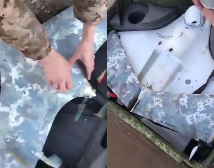 烏克蘭士兵尋獲無人偵察機。 圖:翻攝自推特