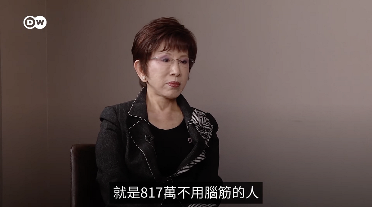 德國之聲在臉書公布國民黨前主席洪秀柱接受專訪影片，她表示，投給總統蔡英文的817萬票「是不用腦筋的人」。 圖：擷取自德國之聲臉書