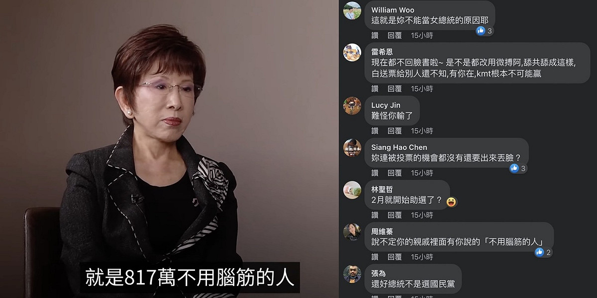 日前國民黨前主席洪秀柱接受訪問時，講出「投蔡英文無腦說」，引發民眾怒火。 圖：擷取自德國之聲臉書/洪秀柱臉書（新頭殼合成）