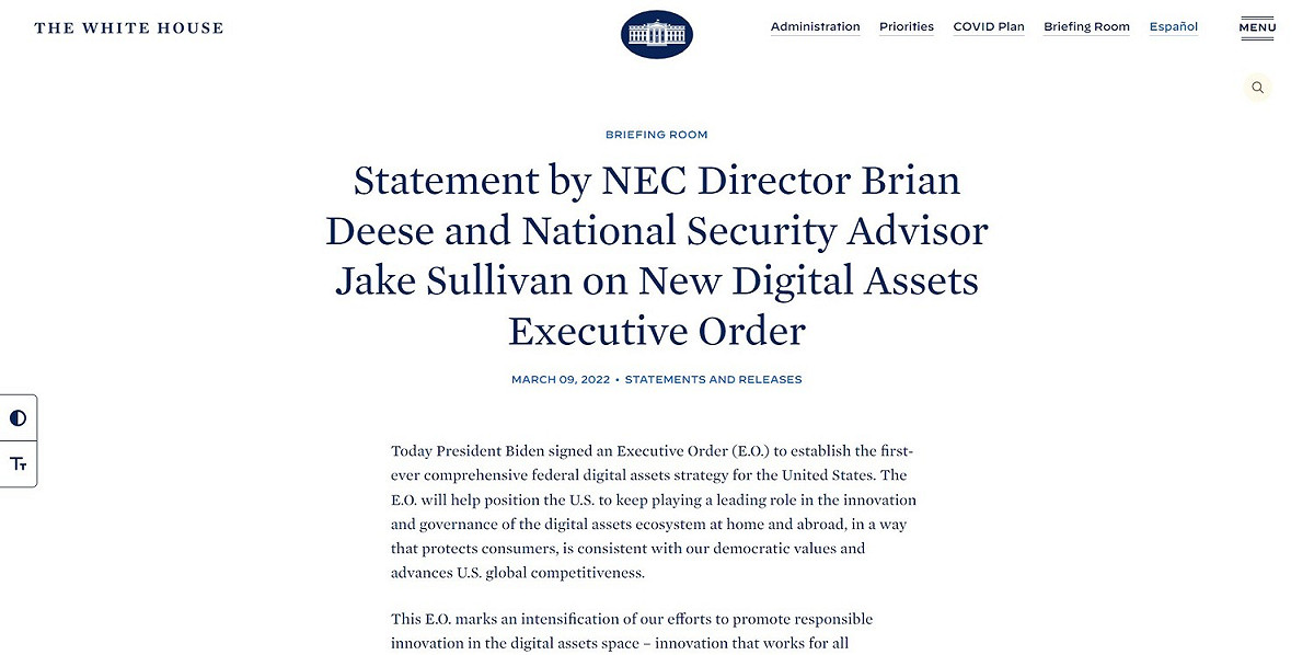 白宮國家經濟委員會主任Brian Deese和國家安全顧問Jake Sullivan透過聲明表示，行政命令目標在於研究如何監管加密貨幣、確保美國國家安全、網路犯罪等議題，降低投資人、消費者與企業面臨的風險。 圖：翻攝自The White House官網